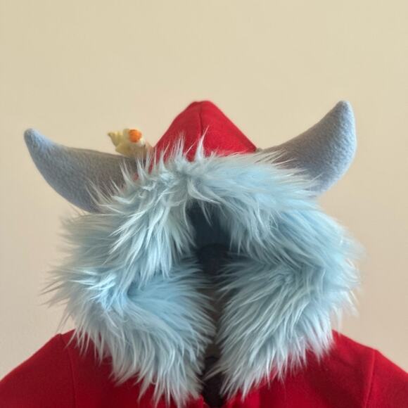 Red Hoodie Boys Girls Size 6 Whimsical Blue Horns Fur Bird Zip Up Handmade - Picture 10 of 10